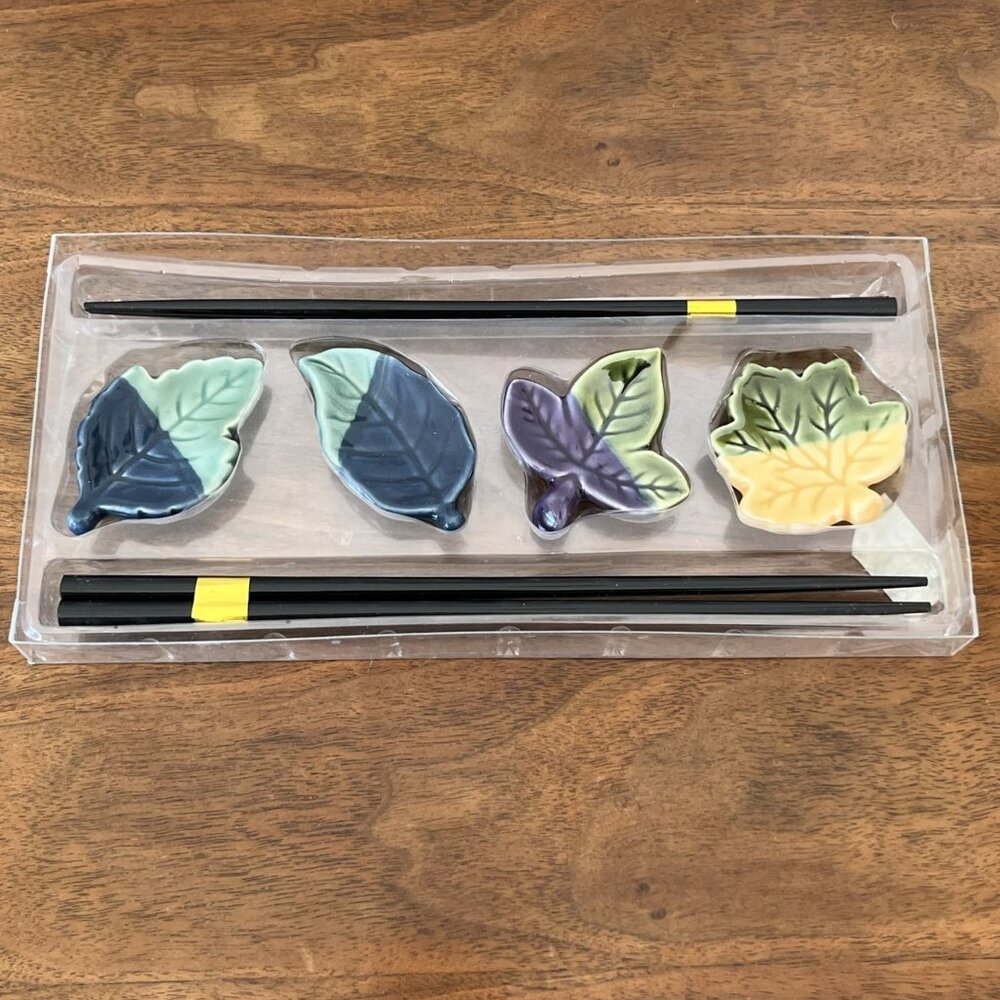 Vintage Bon Marche The Cellar Chopsticks Set w/ Leaf-Shaped Ceramic Rests Unused
